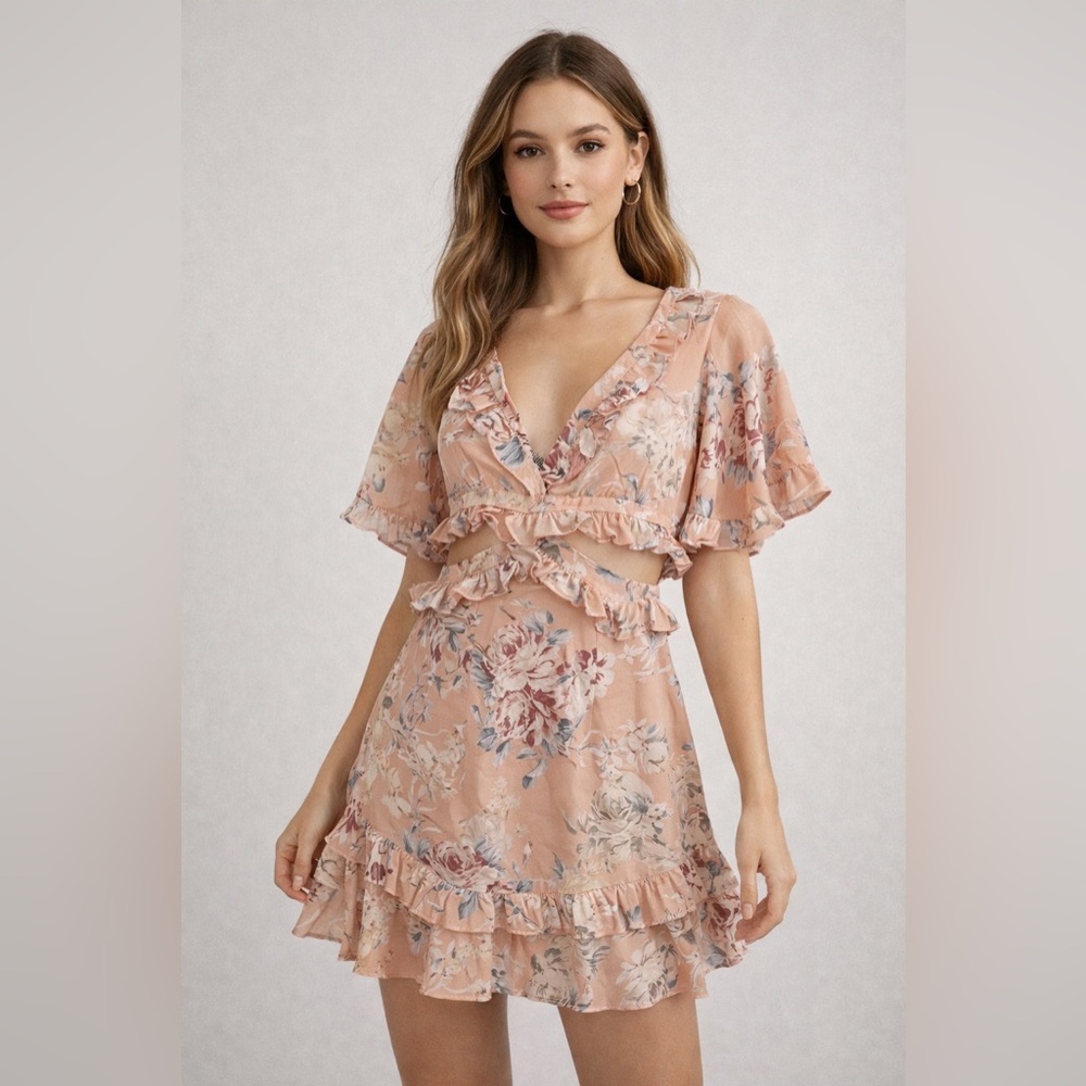 Angel Biba Peach Floral Ruffle Cutout Back Mini Dress Boho Festival NWT Size S